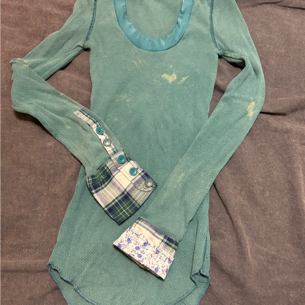 Free People Teal Long Sleeve Top with Plaid Cuffs
